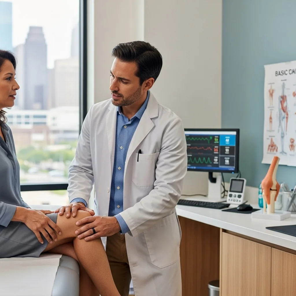 Médico examinando la rodilla de una paciente en clínica de Houston; evaluación para dolor y posibles estudios clínicos