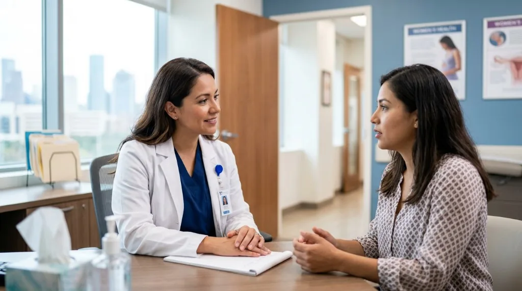 Consulta entre profesional de salud en bata blanca y paciente hispana revisando tableta en clínica moderna de Houston